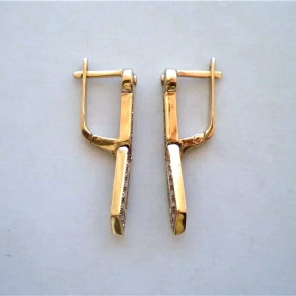 Vintage Soviet USSR Solid 14K 585 Yellow Gold Diamond Cluster Dangle Earrings - Picture 2 of 4